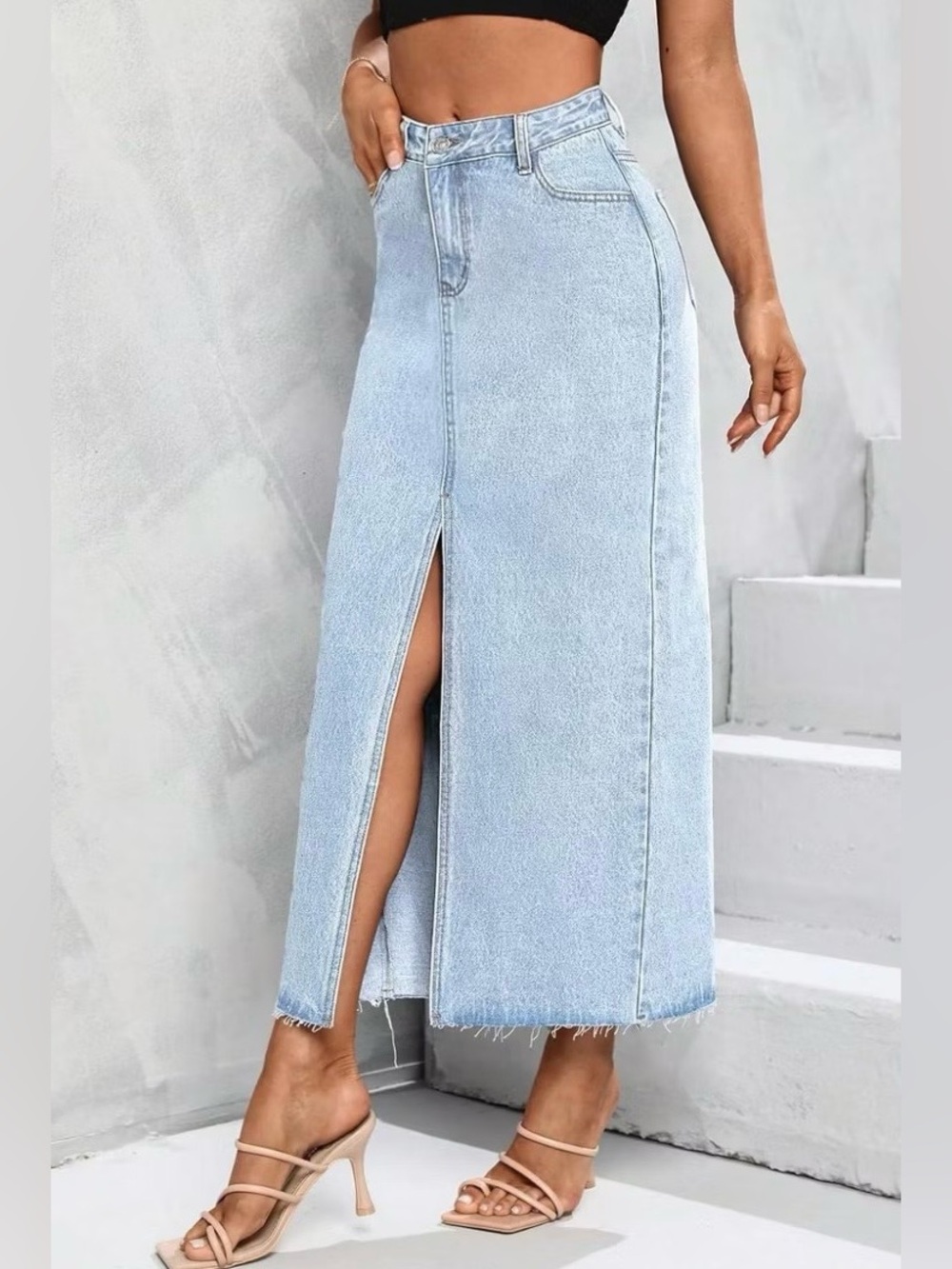 Zara Light Blue Denim Maxi Skirt with Front Slit